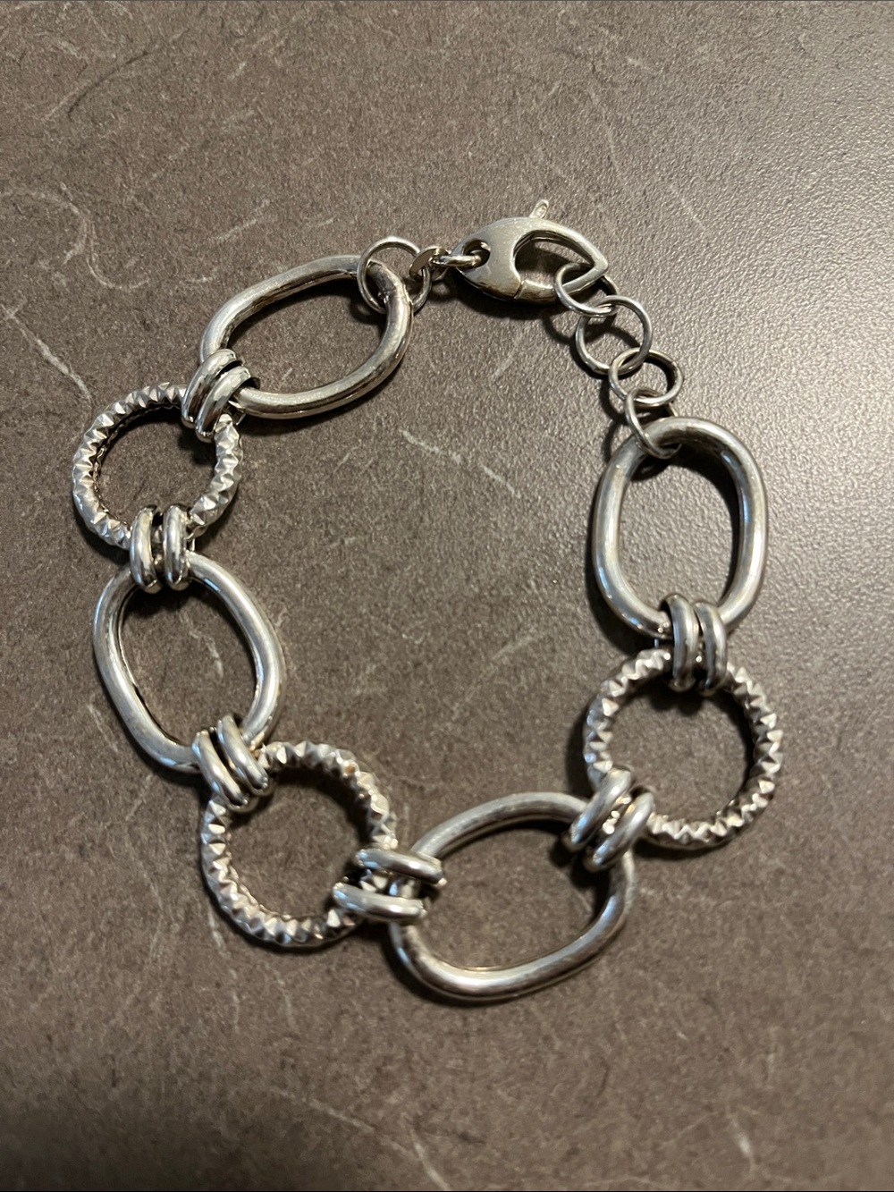 925 marked Sterling-Style Silver Link Bracelet - Textured Circle & Oval Links